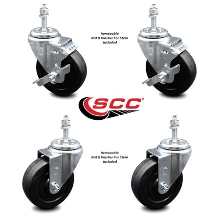 Service Caster 4 Inch Soft Rubber Wheel Swivel 3/8 Inch Threaded Stem Caster Brakes SCC, 2PK SCC-TS20S414-SRS-381615-2-TLB-2